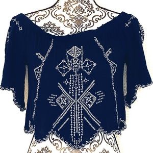 Onetheland Bohemian Top Blue/White embroidery S
